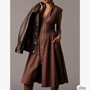 Anthropologie Chocolate Brown Zip-Front Midi Dress